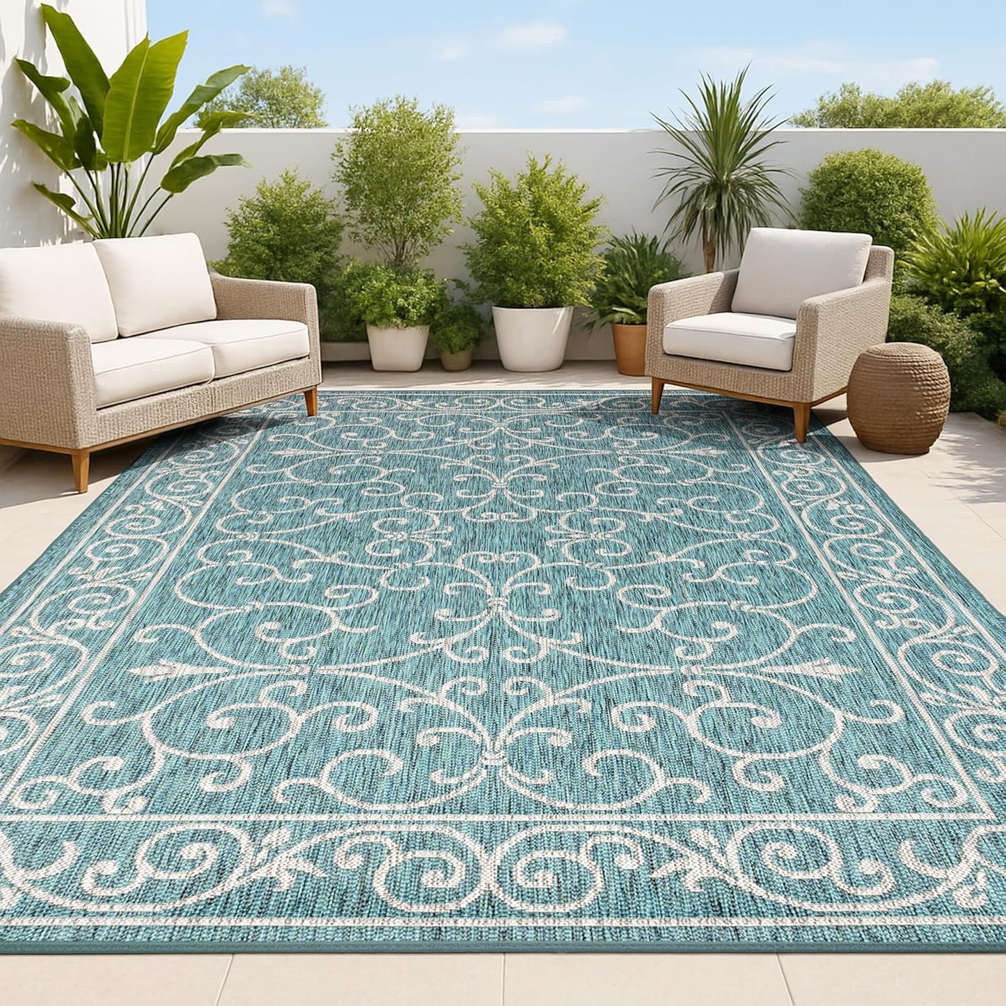 JONATHAN Y Vintage Filigree Indoor Outdoor Area Rug 3X5 Teal/Gray, Charleston Textured Weave for Backyard, Patio, Porch, Easy-Cleaning, High Traffic, Pet-Friendly, Non-Shedding (SMB106F-3)