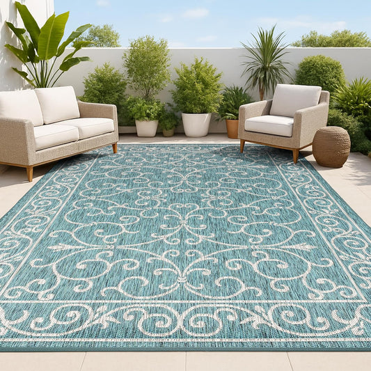 JONATHAN Y Vintage Filigree Indoor Outdoor Area Rug 5X8 Teal/Gray, Charleston Textured Weave for Backyard, Patio, Porch, Easy-Cleaning, High Traffic, Pet-Friendly, Non-Shedding (SMB106F-5)