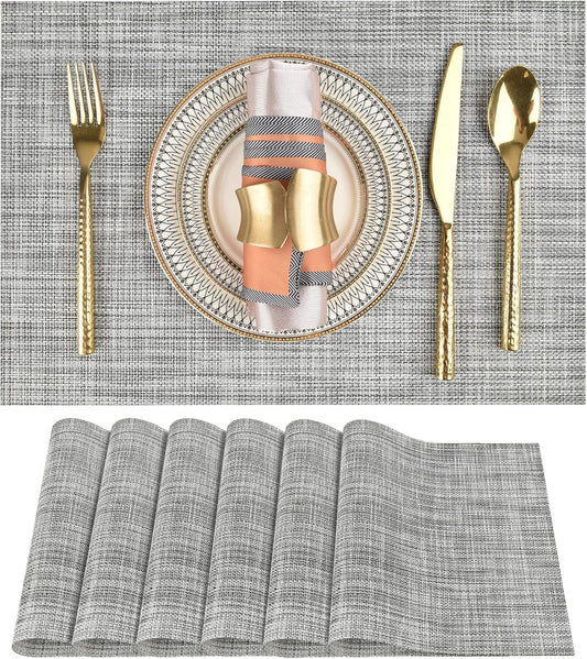 Placemats Set of 6 - Easy Clean Washable Vinyl Placemats - Wipeable Heat Resistant Table Mats for Dining Table - 17.7x11.8 Inch (6, Black & White Two-Tone)