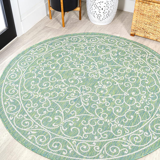JONATHAN Y Vintage Filigree Indoor Outdoor Round Area Rug 5 Ft Green/Ivory, Charleston Textured Weave for Backyard, Patio, Porch, Easy-Cleaning, High Traffic, Pet-Friendly, Non-Shedding (SMB106K-5R)