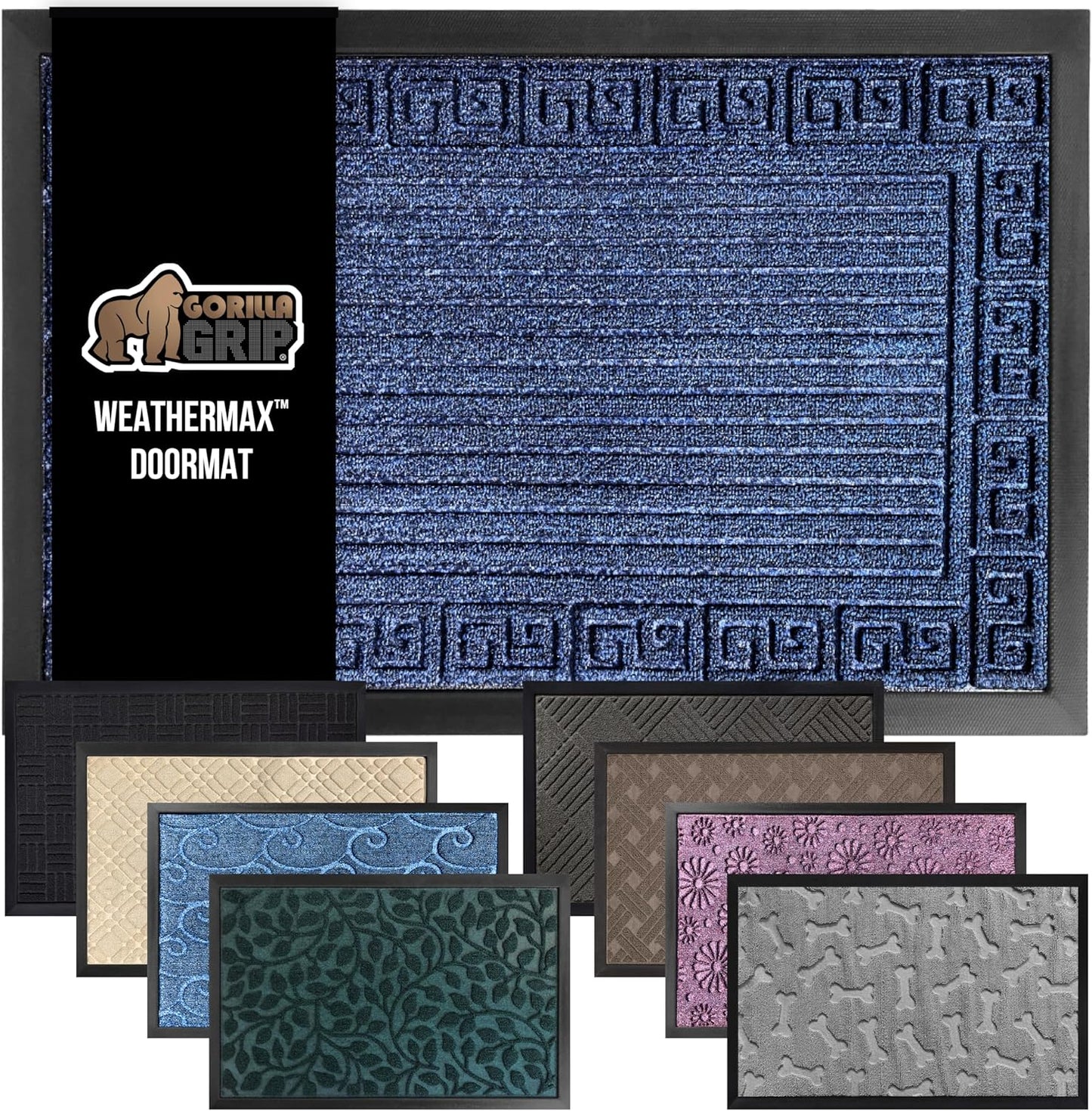 GORILLA GRIP 100% Waterproof All-Season WeatherMax Doormat, 72x24, US Designed Natural Rubber, Stain and Fade Resistant, Low Profile Indoor Outdoor Door Mats, Easy Clean Patio Mat, Navy Greek Keys