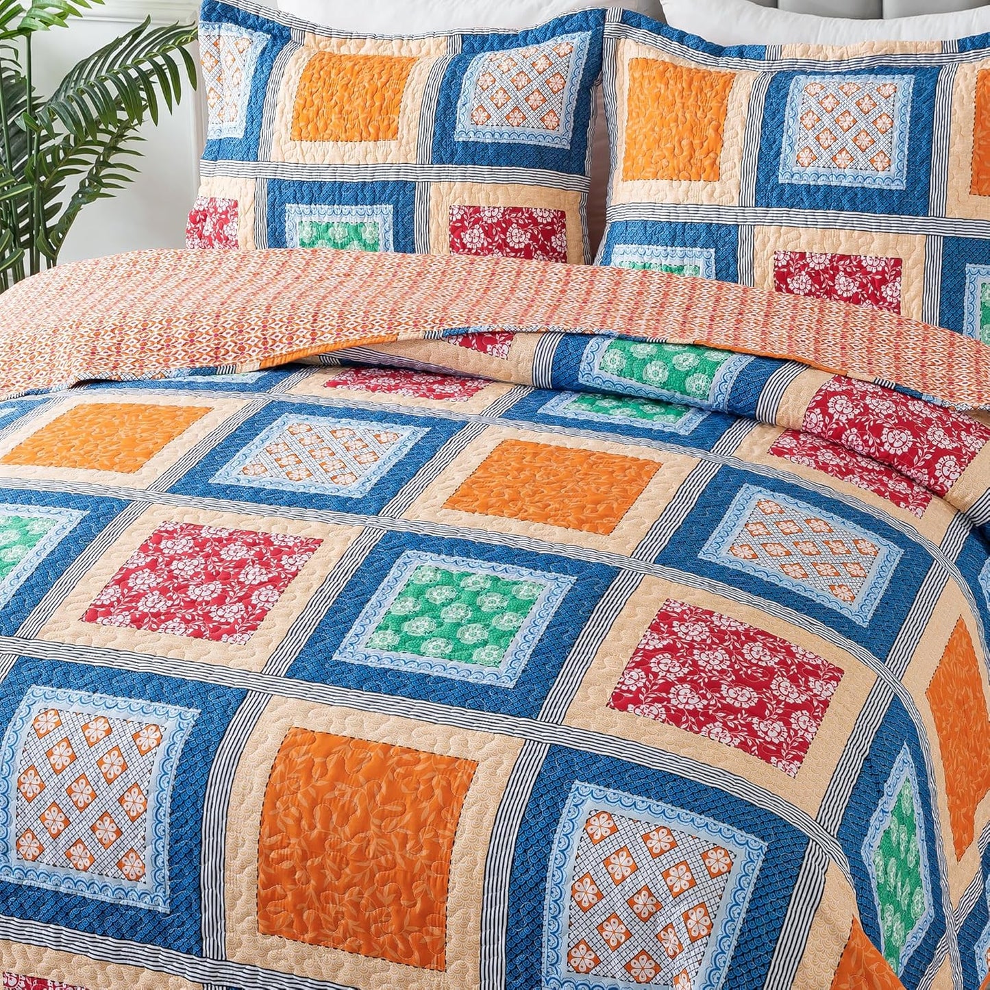 NEWLAKE Quilt Bedspread Sets - Bohemian Farmhouse Pattern Reversible Coverlet Set, Queen Size