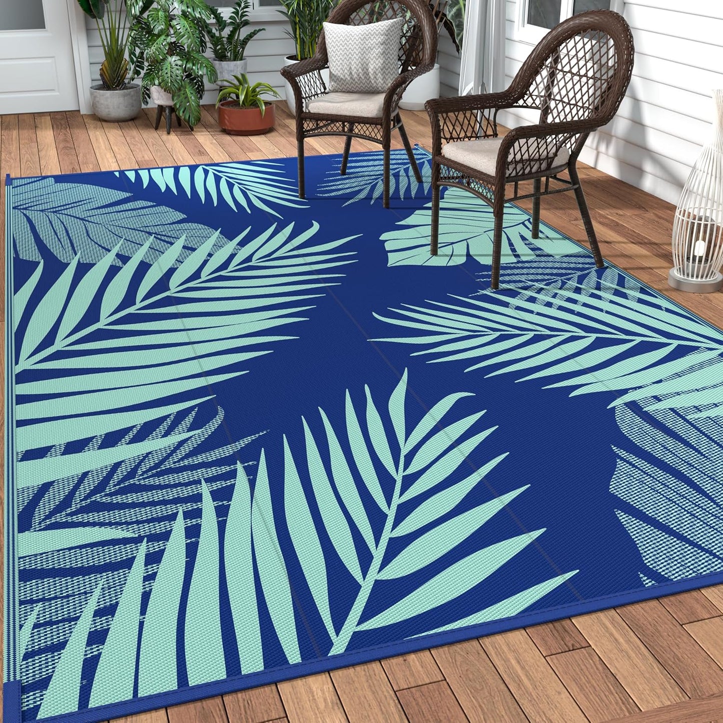 GENIMO Outdoor Rug 6' x 9' Waterproof for Patios Clearance, Reversible Outdoor Plastic Straw Camping Rug Carpet, Large Area Rugs Mats for RV, Camper, Deck, Balcony, Porch, Beach, Royal Blue&Blue Green