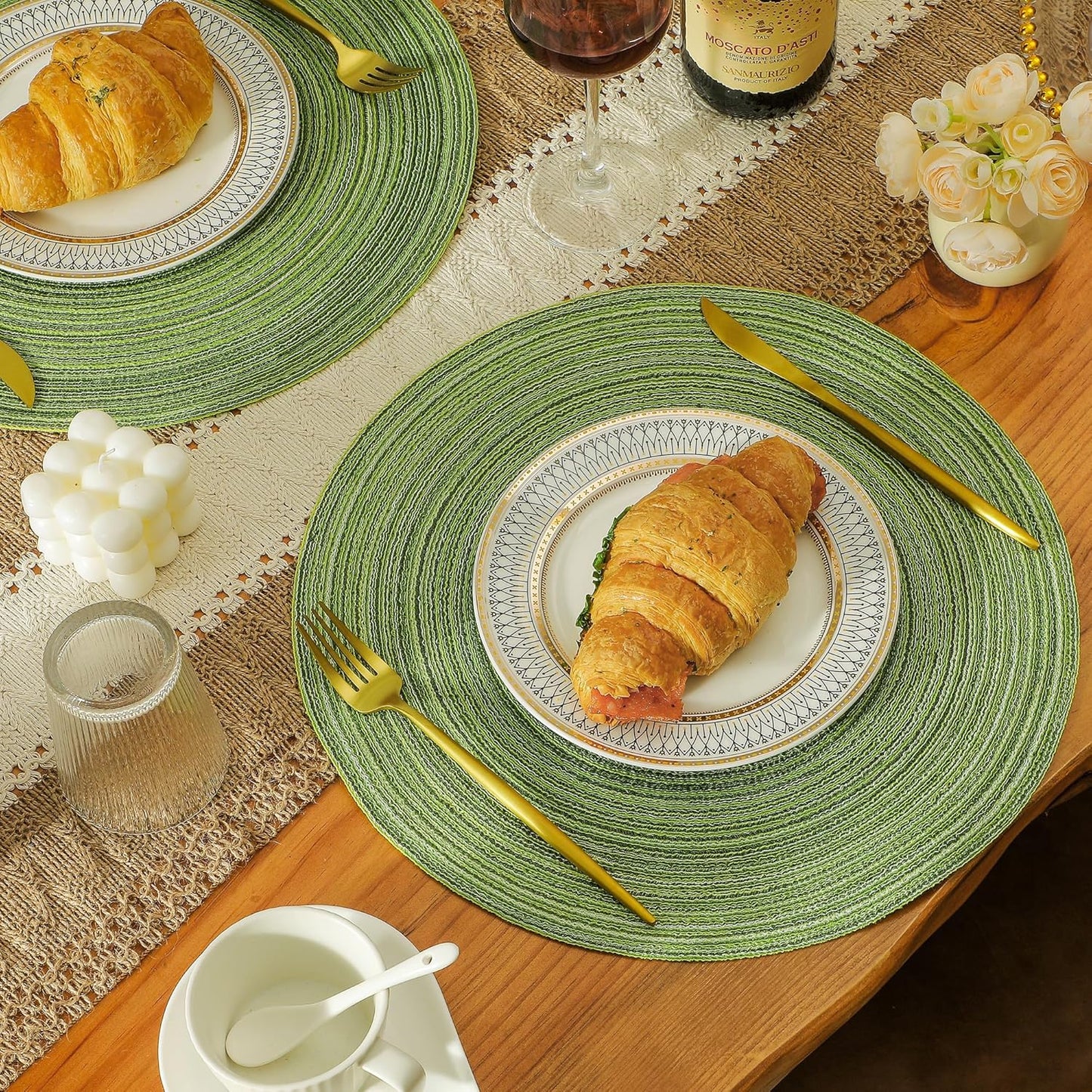 Leetaltree Round Placemats Heat and Slip Resistant Cotton Table Mats, Washable Bohemian Placemats for Dining Tables (Sage Green, Set of 6)