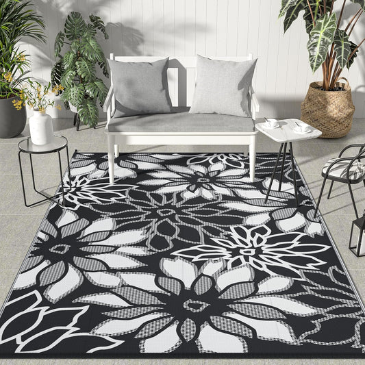 GENIMO Outdoor Rug Waterproof for Patio Decor, 8' x 10' Reversible Plastic Straw Floral Camping Carpet, Large Area Rugs Mats for RV, Camper, Deck, Balcony, Porch, Beach, Picnic, Black & White