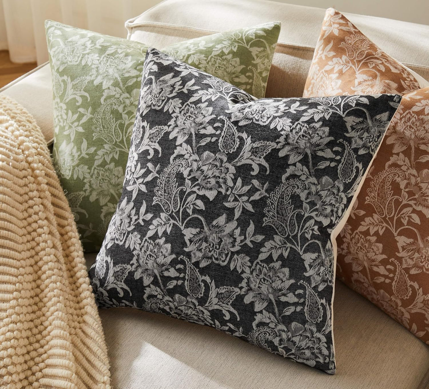 Floral Jacquard Throw Pillow Covers Set of 2, Background/Charcoal 22x22 Inch, Farmhouse Decorative Cotton Dark Grey Cushion Covers for Sofa Bed Living Room Home Decor