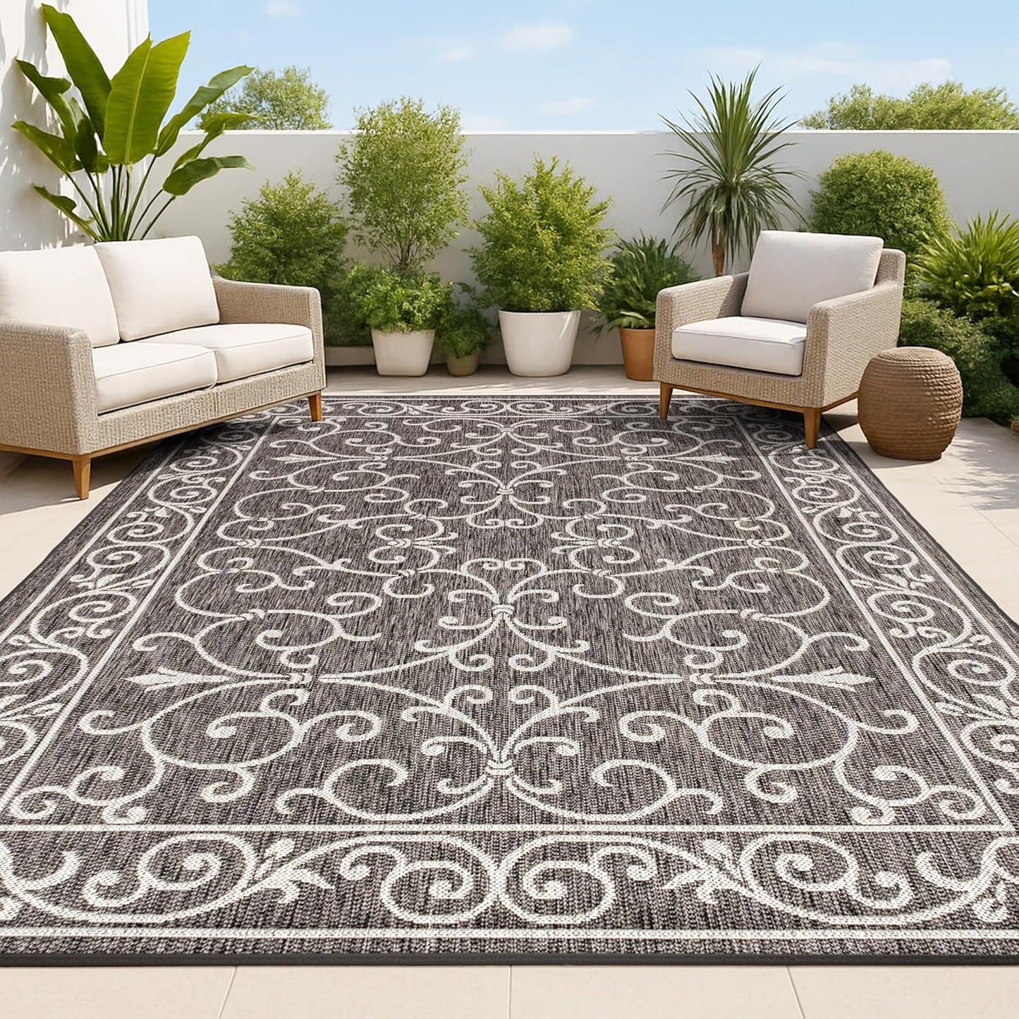 JONATHAN Y Vintage Filigree Indoor Outdoor Area Rug 10X14 Black/Gray, Charleston Textured Weave for Backyard, Patio, Porch, Easy-Cleaning, High Traffic, Pet-Friendly, Non-Shedding (SMB106G-14)