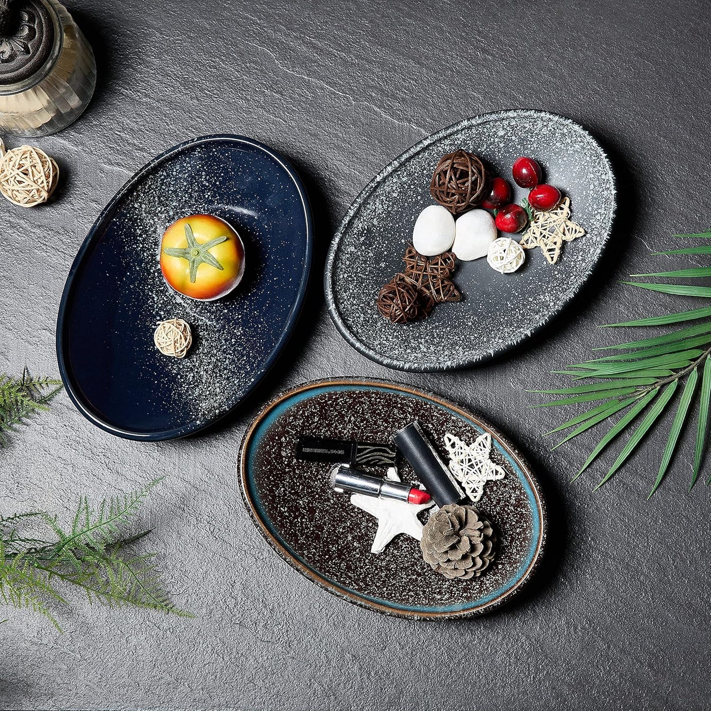 Oval Ceramic Decorative Bowl, Key Dish for Entryway Table, Small Home Decor Accent, Trinket Tray for Office Home Decor Gift (10'' Snowflake Gray without Glaze Layer)